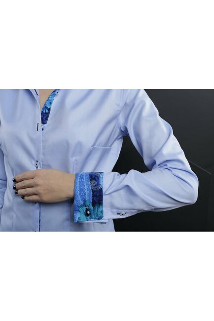 Женская рубашка под запонки голубая с отделкой Non-Iron - 7012 от DoubleCuff 