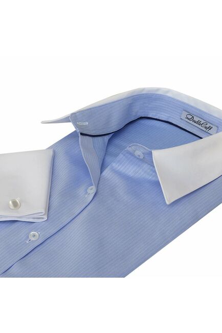 Женская рубашка под запонки голубая с белым воротником и манжетами Non-Iron - 7016 от DoubleCuff 