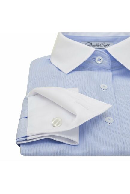 Женская рубашка под запонки голубая с белым воротником и манжетами Non-Iron - 7016 от DoubleCuff 