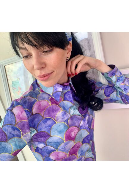 Женская рубашка  принт - яркие шарики, под пуговицы с супатной застежкой полуприталенная - 7814 от DoubleCuff 