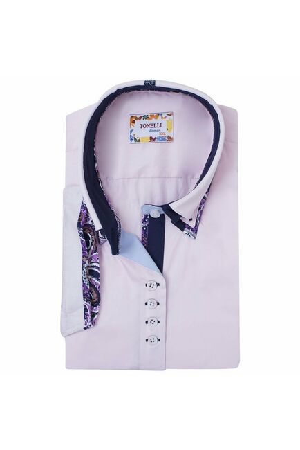 Приталенная женская рубашка на пуговицах с коротким рукавом розовая с двойным воротом - 2047 от Tonelli 