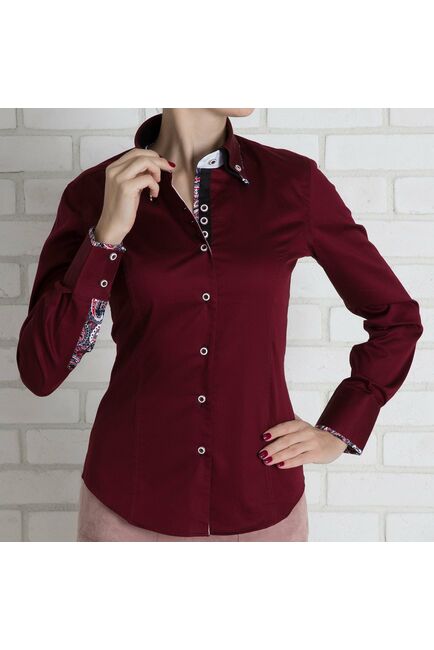 Приталенная женская рубашка с двойным воротником вишневая - 7138 от  