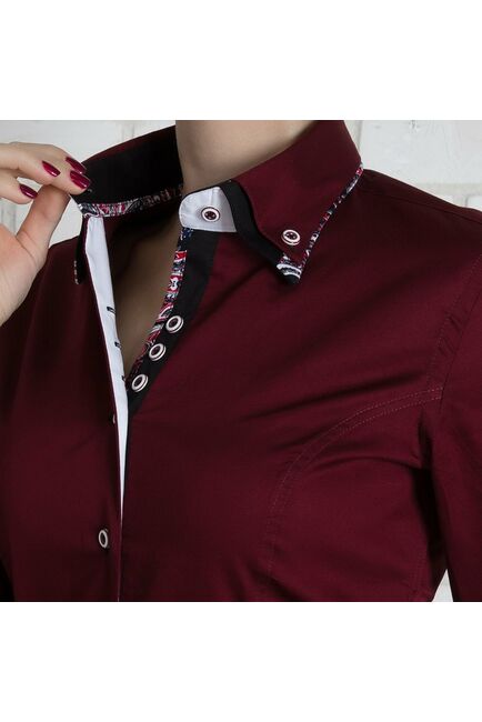 Приталенная женская рубашка с двойным воротником вишневая - 7138 от  