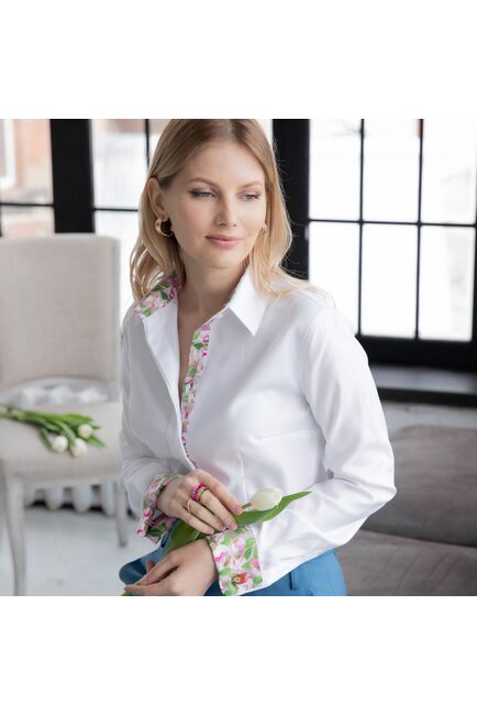 Женская рубашка под запонку белая с супатной застежкой с отделкой - 7878 от byME 