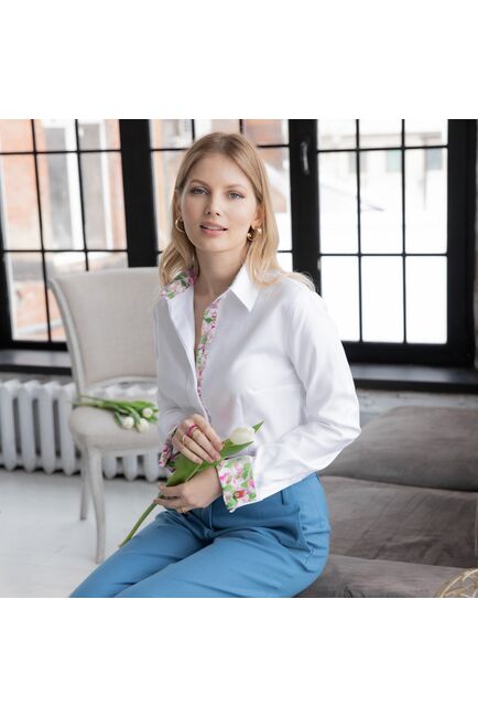 Женская рубашка под запонку белая с супатной застежкой с отделкой - 7878 от byME 