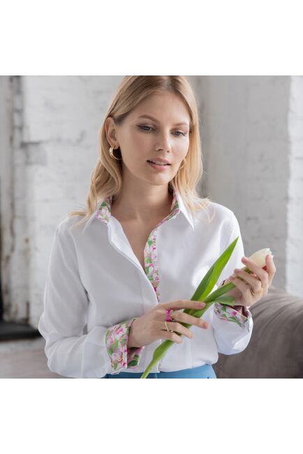 Женская рубашка под запонку белая с супатной застежкой с отделкой - 7878 от byME 