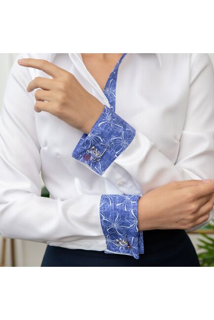 Женская рубашка под запонку белая с супатной застежкой с отделкой -7857 от byME 