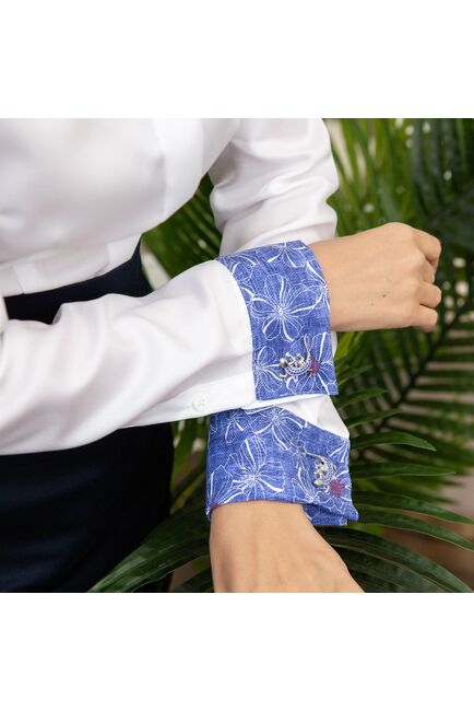 Женская рубашка под запонку белая с супатной застежкой с отделкой -7857 от byME 