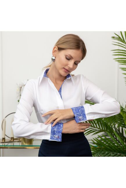 Женская рубашка под запонку белая с супатной застежкой с отделкой -7857 от byME 