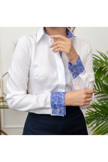 Женская рубашка под запонку белая с супатной застежкой с отделкой -7857 от byME 