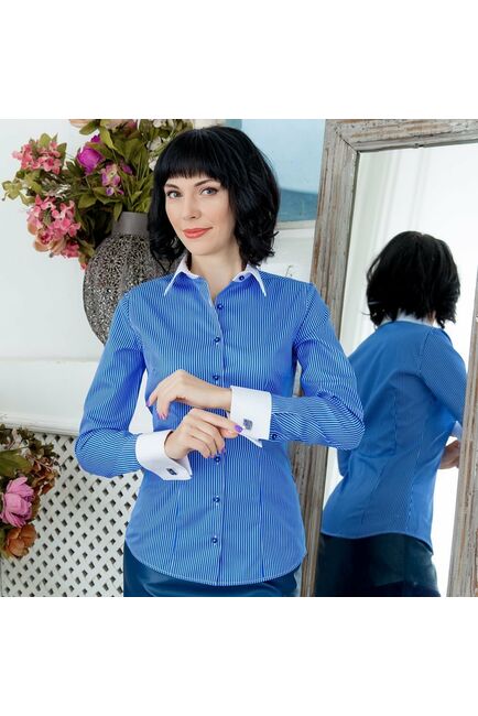 Рубашка женская под запонки сине-голубая в полоску - 7161 от DoubleCuff 