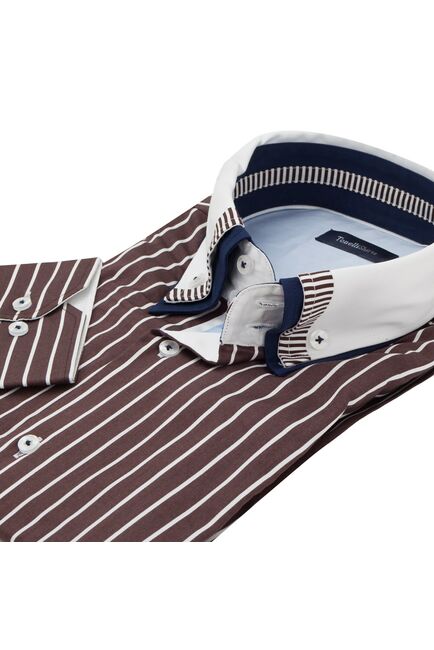 Мужская рубашка под пуговицы шоколадного цвета в полоску  - 907 Classic Fit от Tonelli 