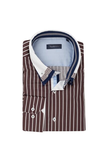 Мужская рубашка под пуговицы шоколадного цвета в полоску  - 907 Classic Fit от Tonelli 