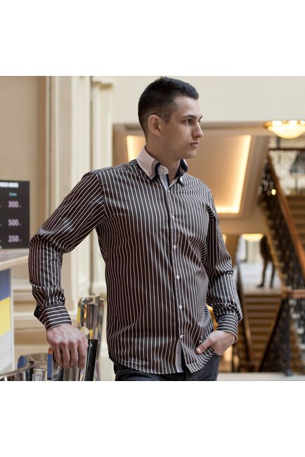 Мужская рубашка под пуговицы шоколадного цвета в полоску  - 907 Classic Fit от Tonelli 