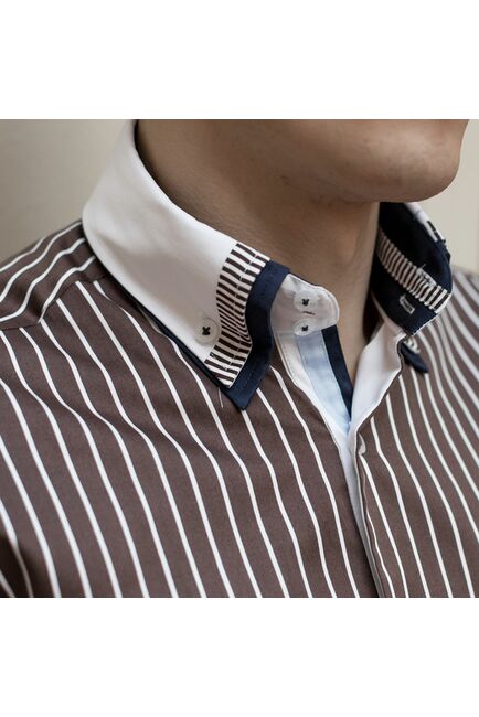 Мужская рубашка под пуговицы шоколадного цвета в полоску  - 907 Classic Fit от Tonelli 
