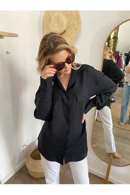 Женская льняная рубашка в оверсайз силуэте чёрная - 7961 от byME 