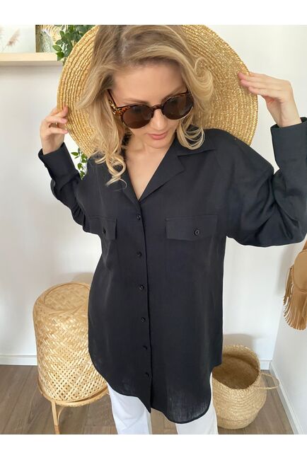 Женская льняная рубашка в оверсайз силуэте чёрная - 7961 от byME 