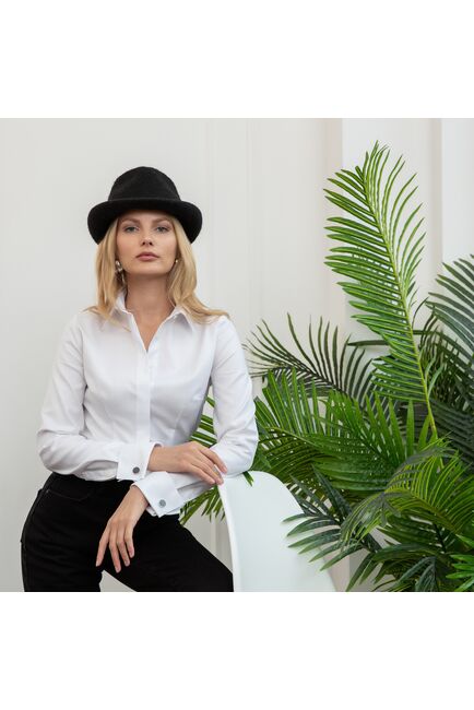 Женская рубашка под запонку приталенная с супатной застежкой - 7790 от byME 