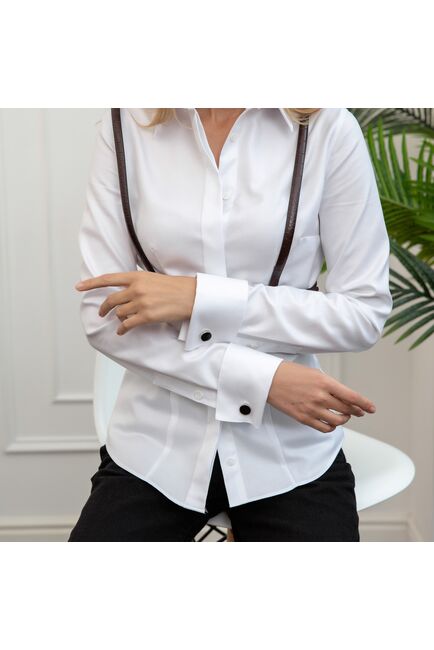 Женская рубашка под запонку приталенная с супатной застежкой - 7790 от byME 