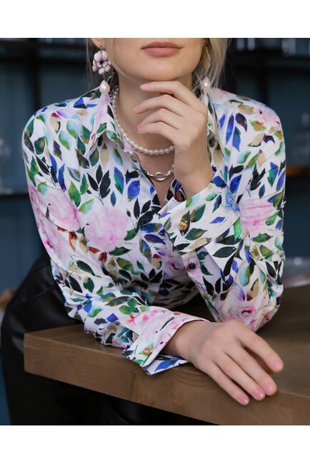 Женская рубашка под запонку приталенная узор цветы - 7916 от byME 