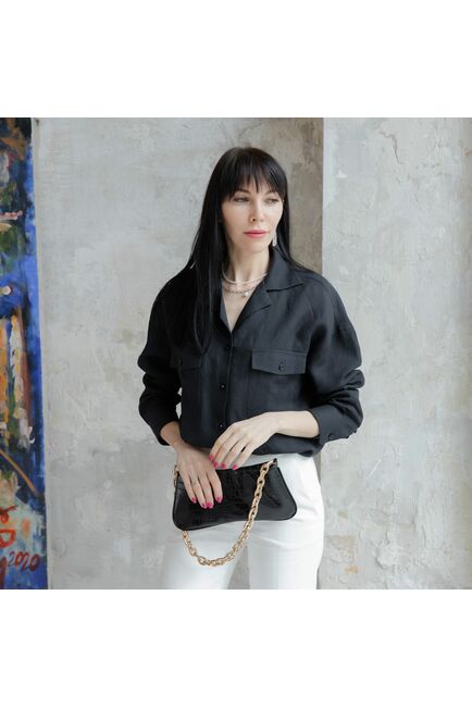 Женская льняная рубашка в оверсайз силуэте чёрная - 7961 от byME 