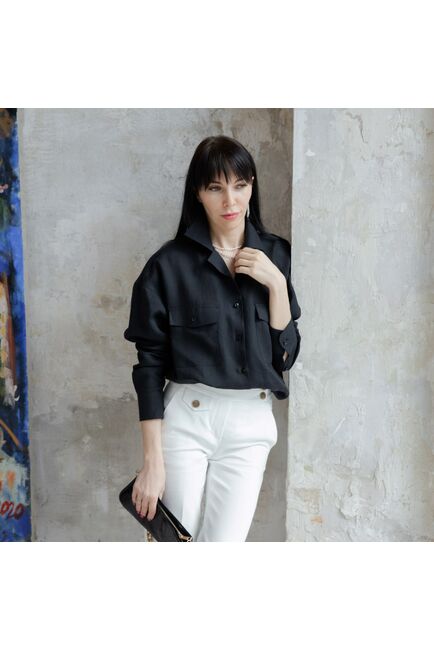 Женская льняная рубашка в оверсайз силуэте чёрная - 7961 от byME 