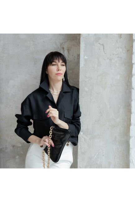 Женская льняная рубашка в оверсайз силуэте чёрная - 7961 от byME 