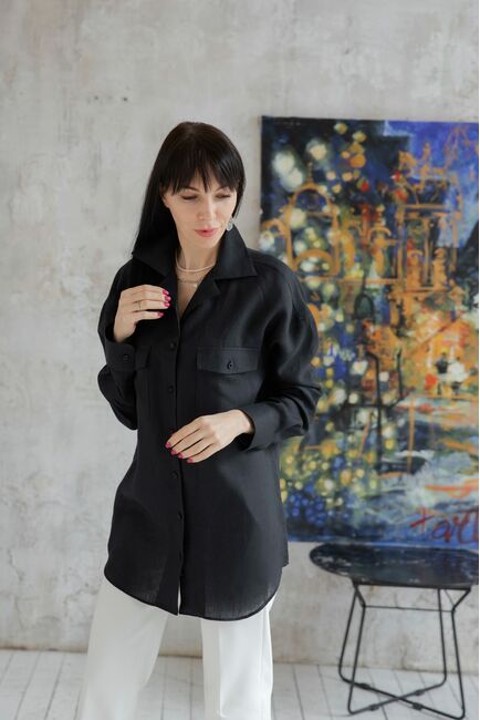 Женская льняная рубашка в оверсайз силуэте чёрная - 7961 от byME 