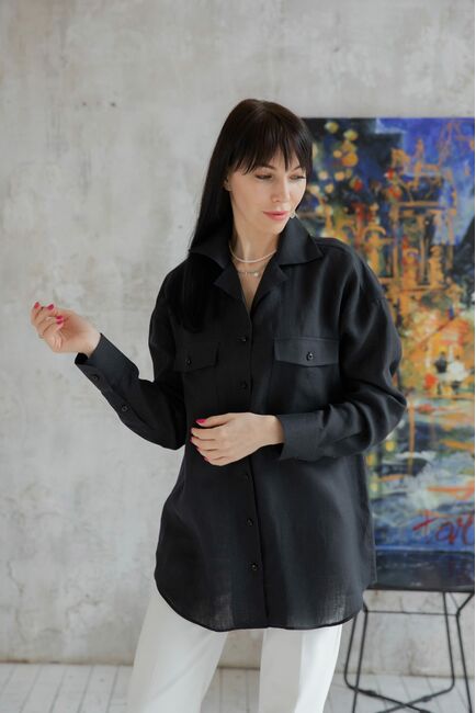 Женская льняная рубашка в оверсайз силуэте чёрная - 7961 от byME 