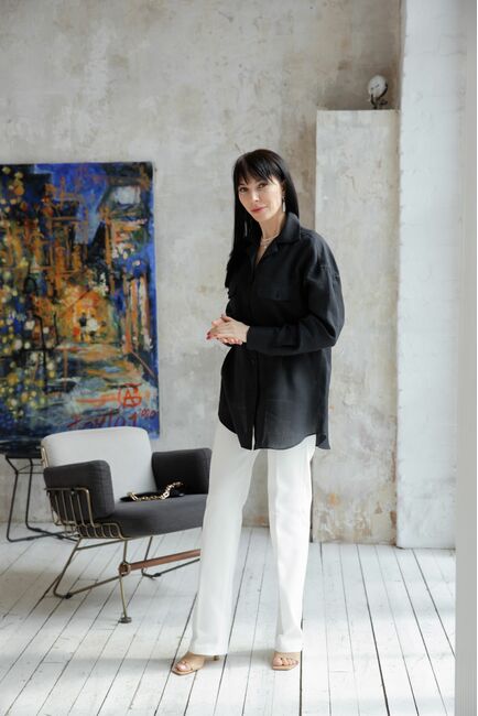 Женская льняная рубашка в оверсайз силуэте чёрная - 7961 от byME 