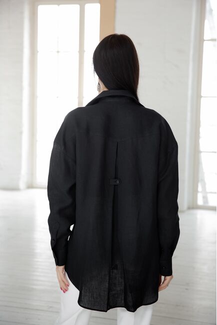 Женская льняная рубашка в оверсайз силуэте чёрная - 7961 от byME 