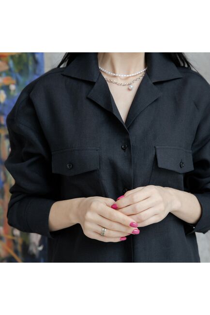 Женская льняная рубашка в оверсайз силуэте чёрная - 7961 от byME 