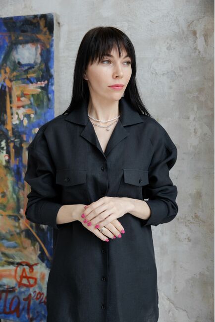 Женская льняная рубашка в оверсайз силуэте чёрная - 7961 от byME 