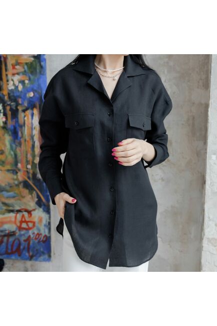 Женская льняная рубашка в оверсайз силуэте чёрная - 7961 от byME 