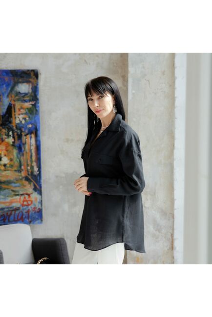 Женская льняная рубашка в оверсайз силуэте чёрная - 7961 от byME 