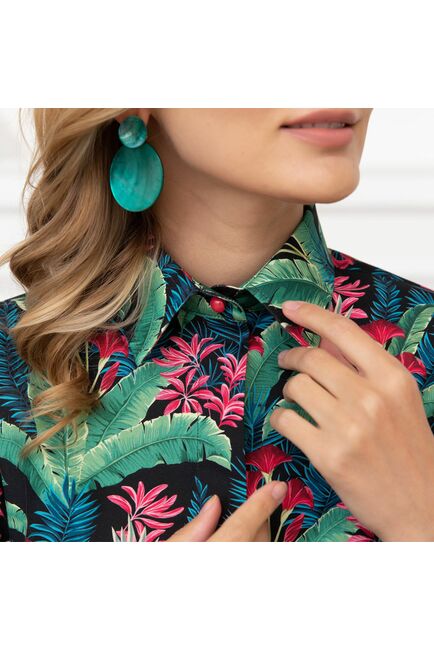 Женская рубашка с высоким манжетом под пуговицы тропические цветы - 7873 от byME 