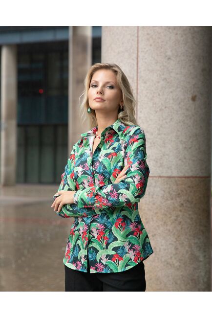 Женская рубашка с высоким манжетом под пуговицы тропические цветы - 7873 от byME 