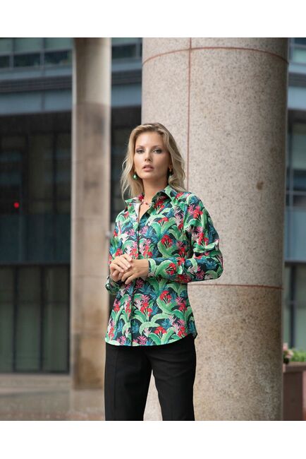 Женская рубашка с высоким манжетом под пуговицы тропические цветы - 7873 от byME 