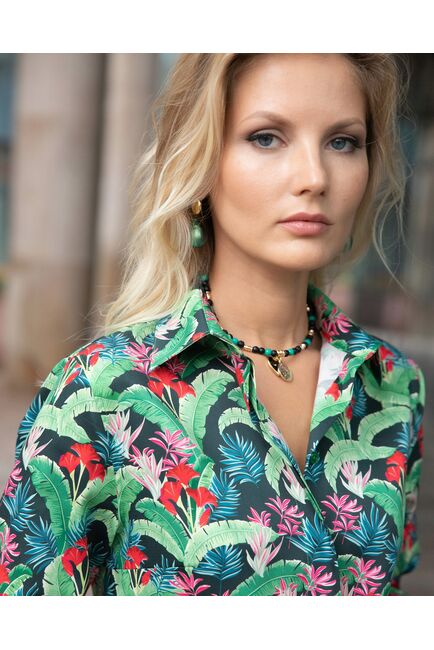 Женская рубашка с высоким манжетом под пуговицы тропические цветы - 7873 от byME 