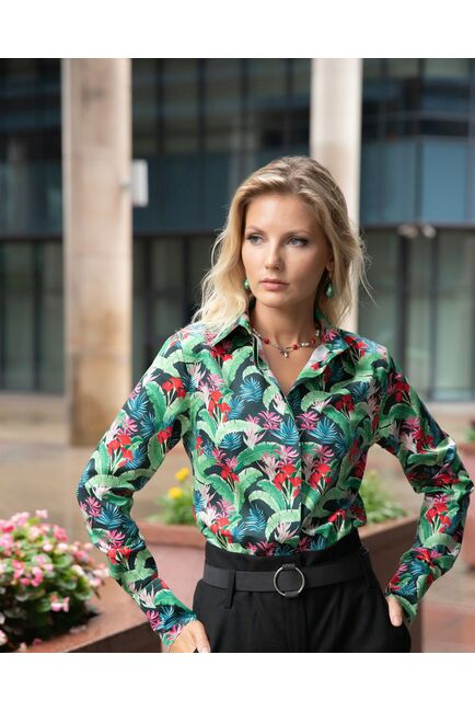 Женская рубашка с высоким манжетом под пуговицы тропические цветы - 7873 от byME 