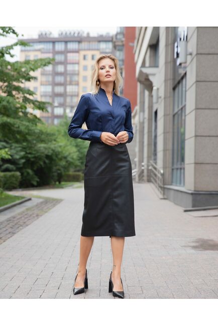 Женская рубашка под пуговицы темно-синяя воротник стойка - 8046 от byME 