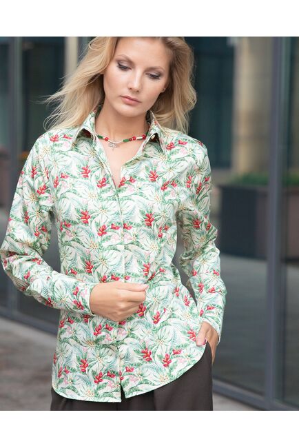 Женская рубашка под пуговицы полуприталенная тропический узор - 8058 от byME 