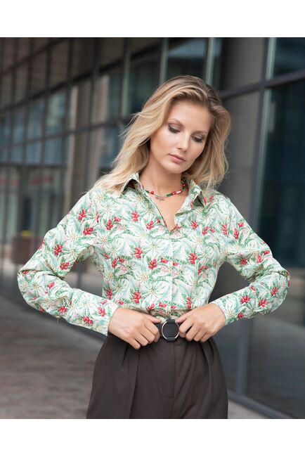 Женская рубашка под пуговицы полуприталенная тропический узор - 8058 от byME 