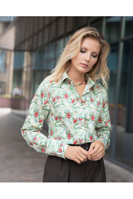Женская рубашка под пуговицы полуприталенная тропический узор - 8058 от byME 
