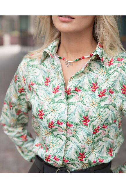 Женская рубашка под пуговицы полуприталенная тропический узор - 8058 от byME 