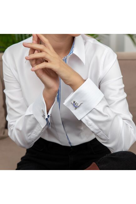 Женская рубашка под запонку белая с супатной застежкой с отделкой -7858 от byME 