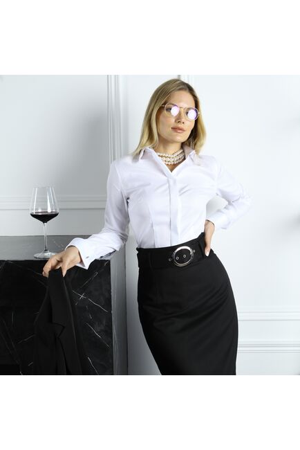 Женская рубашка под запонку приталенная с супатной застежкой без отделки  (елочка) - 7768 от byME 