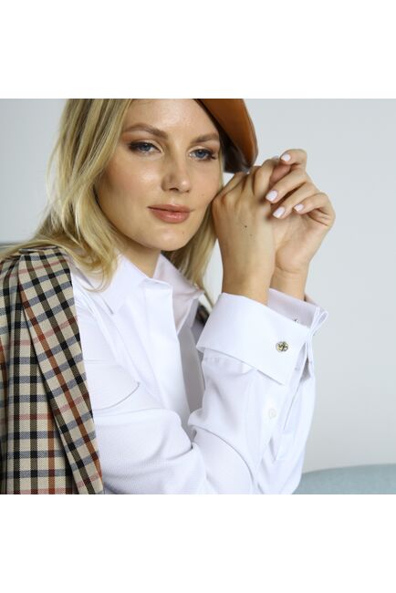 Женская рубашка под запонку приталенная с супатной застежкой без отделки  (елочка) - 7768 от byME 