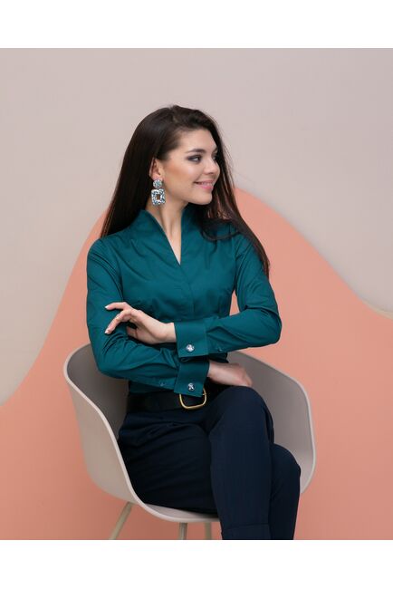 Женская рубашка под запонку изумрудная воротник стойка - 7896 от ByME 