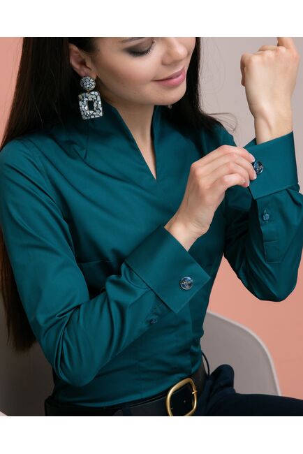 Женская рубашка под запонку изумрудная воротник стойка - 7896 от ByME 